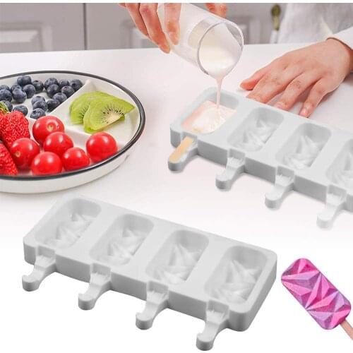 Silicone Ice Cream Molds 4 Cell Ice Cube Tray Food Safe Popsicle Maker DIY Homemade Freezer Ice Lolly Mould Home Kitchen