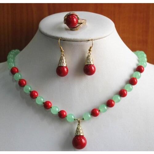 Party Wholesale Womens 8mm green Natural jade mixed red coral Necklace earring ring(7/8/9) jewelry set