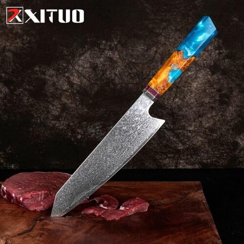 XITUO Damascus Kitchen Knife Japan VG10 Steel Professional Kiritsuke Chef Knife Octagonal Blue Resin Handle New Cleaver Gift Hot