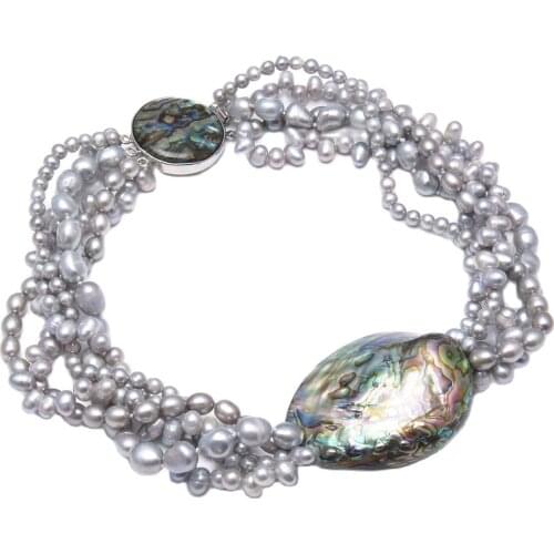 GuaiGuai Jewelry 5 Rows Grey Pearl Necklace Abalone Shell Pendant Necklace 19" Handmade For Women