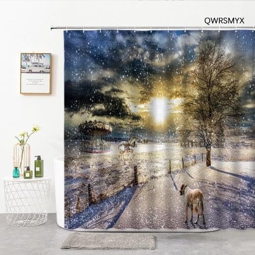 Winter Snow Landscape And Deer Shower Curtains Natural Scenery Bathroom Curtain Home Decor Background Cloth Bathtub Accessories