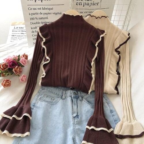 2020 Autumn Korean Elegant Vintage Sweaters OL Flare Sleeve Ruffles Jumper Femme Hit Color Patchwork Turtleneck Sueter Mujer