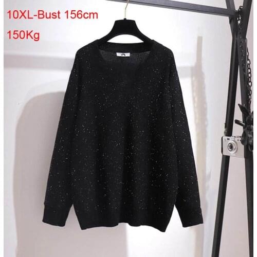 Plus size womens autumn winter new V-neck sequin sweater bust 156cm 6XL 7XL 8XL 9XL 10XL loose black long-sleeved sweater