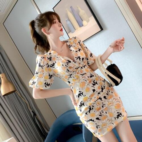 French Style Print Little Daisy Floral Summer Dress 2021 Short Sleeve Bellflower Flower Vintage Dresses Woman Mini Corset Dress