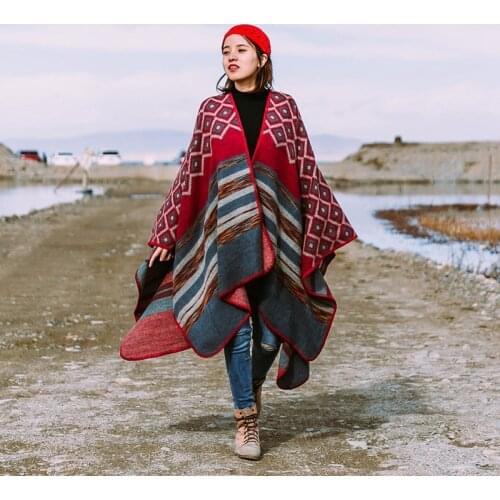 Red Pashmina Winter Women Poncho Cashmere like Warm Comfy Knit Pattern Striped Cardigan Boho edgy Fashion Casual Holiday Coats