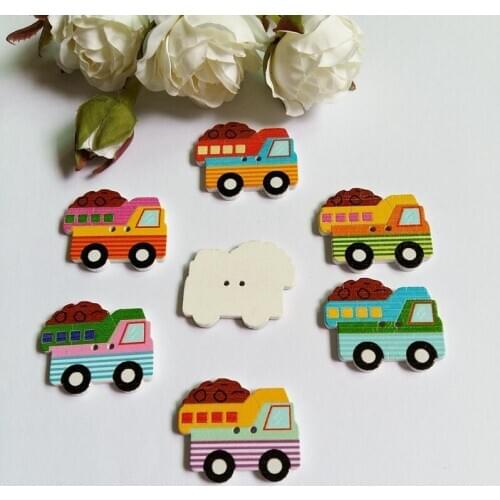30Pcs Random Mixed Truck Shape 2 Holes Wood Painting Sewing Buttons botones de madera 27x32mm
