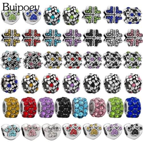 Buipoey 9 Color Footprints In The Heart Beads Lucky Heart Silver Color Beads Fit Diy Charm Bracelets Jewelry Making Accessories
