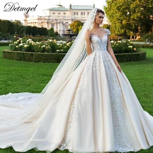 Detmgel Elegant Scoop Neck Cap Sleeve Bride A-Line Wedding Dress 2020 Gorgeous Appliques Beaded Chapel Train Princess Bride Gown