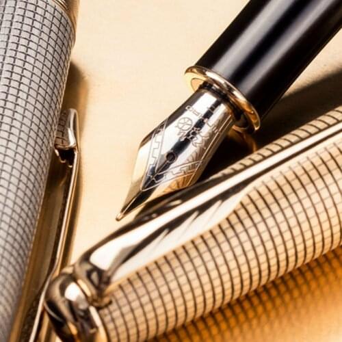Jinhao 75 Series Brass Fountain Pen Fine Nib Silver Grid Pattern Golden Clip