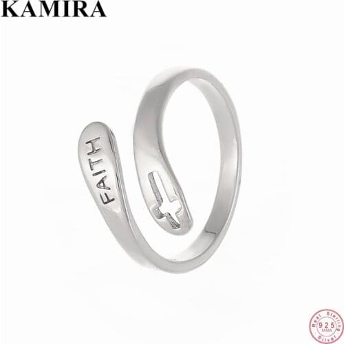 KAMIRA Genuine 925 Sterling Silver Gothic Hand Huggie Faith Letter Open Ring for Women Punk Adjustable Party Fashion Jewelry New