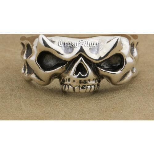 Brand LINSION 925 Sterling Silver Skull Ring 10mm Width Mens Biker Punk Ring TA14 US Size 7~14