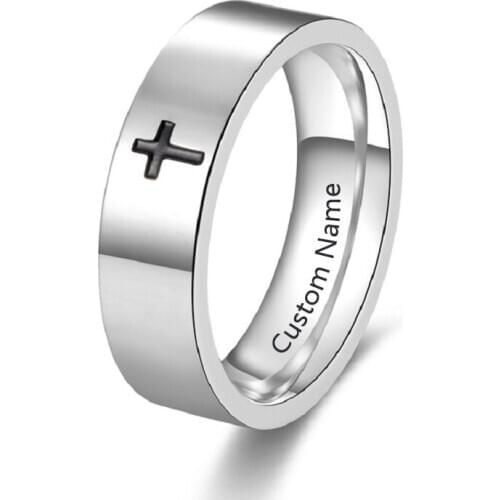 316L Stainless Steel cross Finger Rings Durable Vintage Titanium Stainless Steel 6mm Ring Wood Grain Ring Jewelry for Men