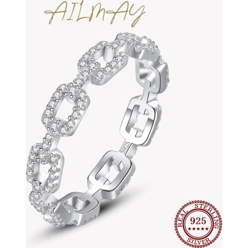 Ailmay Cadena Hueca Genuine 925 Sterling Silver Stackable Charm Finger Ring For Women Girls Anti-allergy Fine Jewelry Gifts