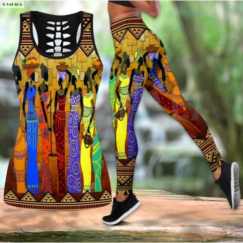 African Beautiful Women 3D Printed Women Two Piece Yoga Set Vest Hollow Combo Tank Top Legging Waist Sport Fitness Quick Dry E6