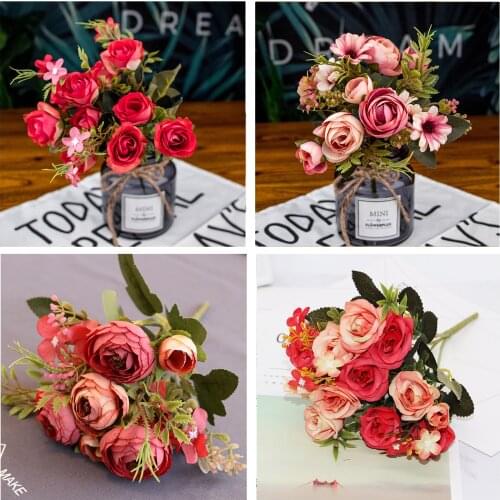 Red Artificial Flowers Peony Tea Rose Autumn Silk Fake Flowers for DIY Living Room Home Garden Wedding Decoration