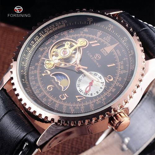 Luxury Brand FORSINING Tourbillon Watches Men Stylish Leather Strap Fashion Automatic Watches Waterproof Gold Mechanical Watch