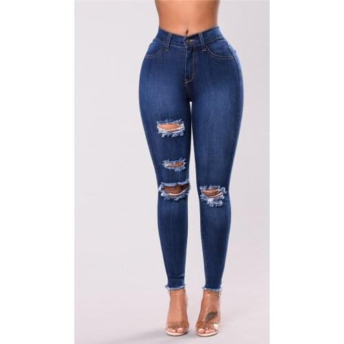 New Womens High-Waisted Button Pencil Jeans, Womens Ripped Hollow Denim Pencil Pants, Womens Fashion Casual Street Slim Jeans
