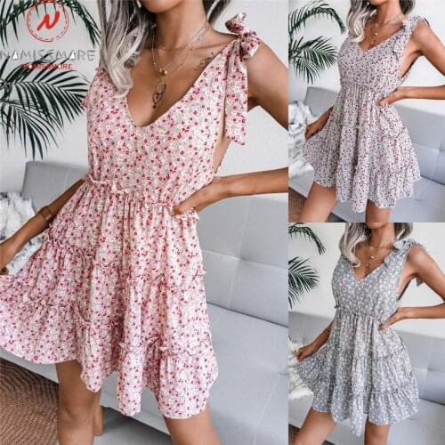 Sexy Women Summer Print A-Line Dress for Holiday Patchwork Design Bandage Ruffles Decor V-Neck Sleeveless Slim Mini Dress