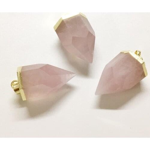 FUWO Natural Pink Crystal Quartz Pendant With Gold Brass Plated Thick Spike Semi Precious Stone Jewelry For Women PD325
