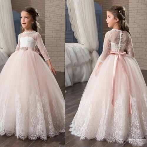 Pinky Lace Flower Girl Dress For Wedding 3/4 Sleeved Pageant Dress for Kids Girls Prom Birthday Party Communion Dresses