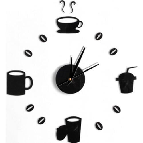 Modern Design 3D DIY Digital Number Coffee Cup Acrylic Clock Self-adhensive Quartz Non-ticking Wall Clock Kitchen Home Decor