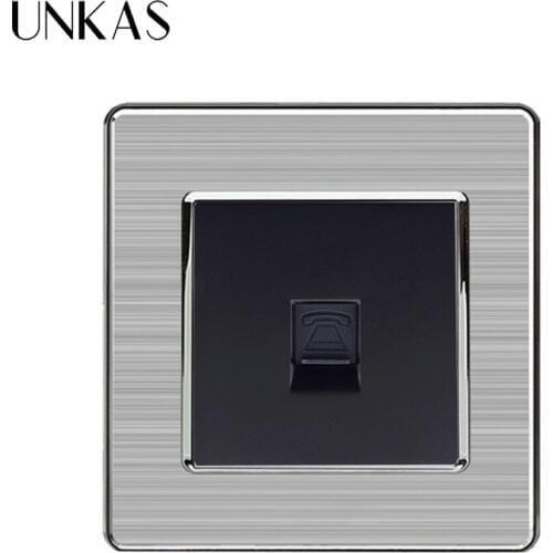 UNKAS Stainless Steel Brushed Silver Frame Panel 1 Gang RJ11 2 Core Telephone Connector Luxury Wall Socket Outlet