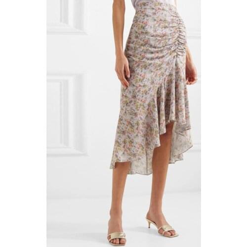 Patads American light luxury minority womens spring and summer asymmetric pleated Flower Printed crepe Ruffle Skirt