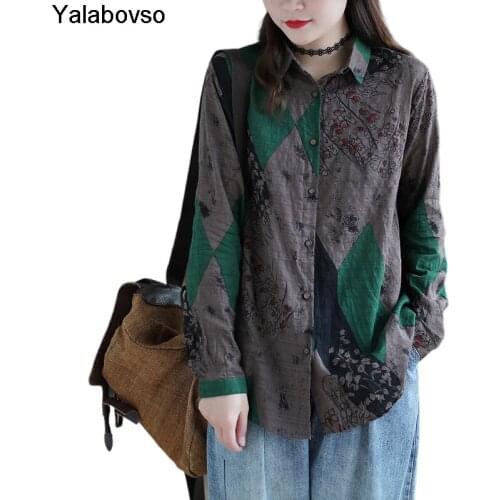 2021 Newest Style Retro Art Womens Shirts Long Sleeve Loose Single Breasted Printing Spring Cotton Linen Blouse For Women