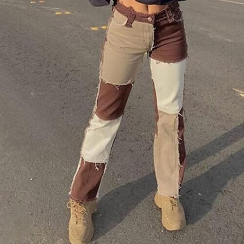 Sisterlinda Contrast Distressed Y2K Jeans Women Pant Preppy Style Chic Streetwear Outfits High Waist Straight Denim Trousers2020