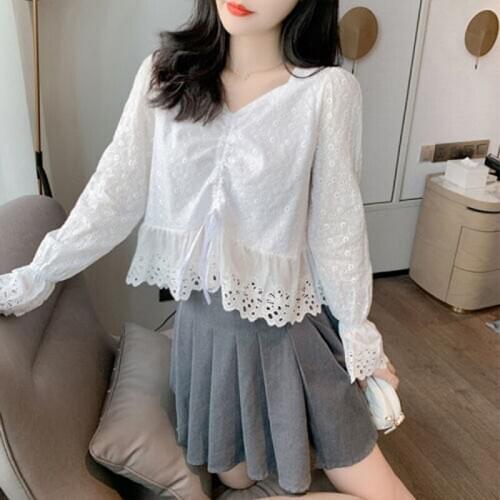 Womens Spring Autumn Style Cotton Blouses Shirts Womens Lace Hollow Out V-Neck Long Sleeve Elegant Tops SP698