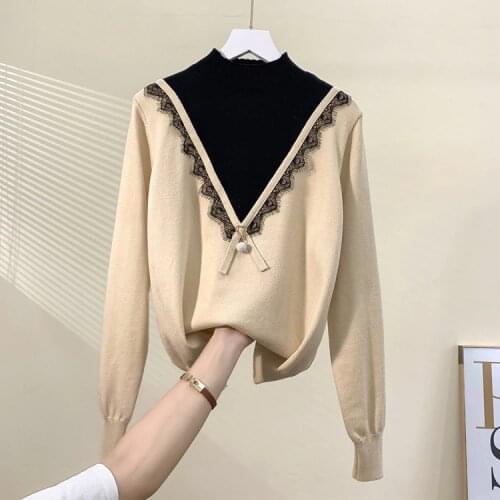 Patchwork lace sweater women autumn women long sleeve pull femme pullover