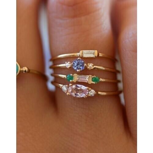 Cheap Female Pink Green Purple Stone Ring Set Fashion 18KT Yellow Gold Engagement Ring Vintage Wedding Rings For Women