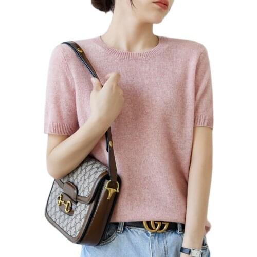 2021Spring Round Neck Short-Sleeved Sweater Women Loose Short Bottoming Shirt Knit Sweater Thin Pure Color Lady Cashmere Sweater