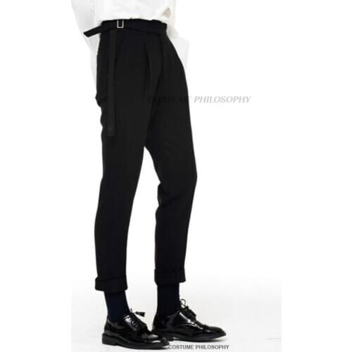 28-44 New Men Casual Fashion Black Slim Nine Points Pants Personality Belt Suit Pants Plus Size Stage Nightclub Singer Costume