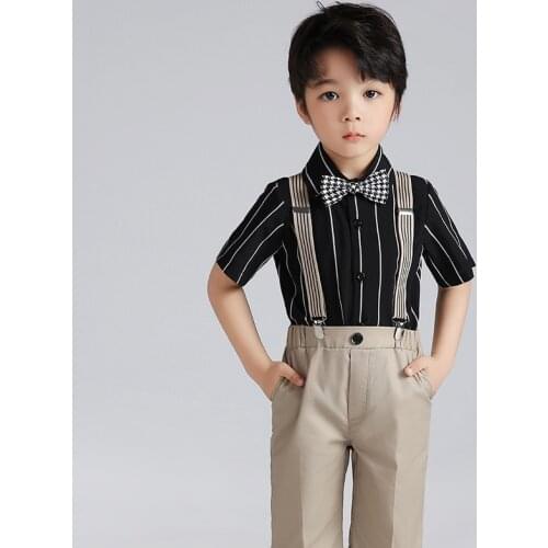 Boys Girls Summer Shirt +Short+Suspender+Bowtie 4PCS Clothing Set Gentleman Kids Performance Dress Children Graduation Suit