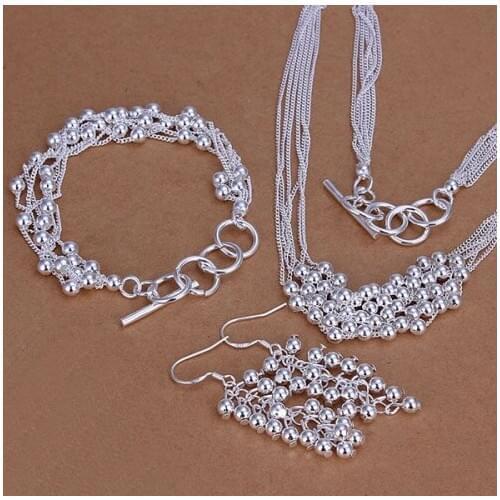 Free Shipping Charm Silver Color Lovely Jewelry Sets Silver Fashion Jewelry Six-Strands Shine Beads Earrings Bracelet Necklace