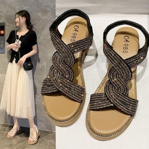 Wedges Fashion Summer New 2021 Sandals Women Shoes Casual Blingbling Elastic Band Twist braid Sandals All-match Med (3cm-5cm)