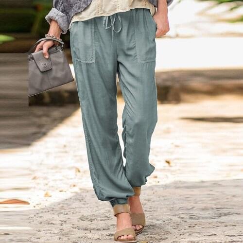Oversize Casual Women Trousers Jogger Pants 2021 Summer Autumn Cotton Linen Full Length Drawstring Elastic Waist Pocket Pants