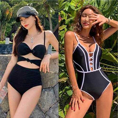 Black Retro One Piece Women Swimsuit Monokini Woman Sexy Push Up Womens Swimming Bathing Suit Big Breast Female String Swimwear