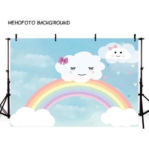 Background cartoon blue sky white cloud umbrella rainbow baby show birthday theme backdrop professional photo studio