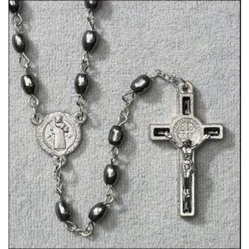 Classic Christian Hematite Stone Rosary Beads Necklace Jesus Cross Pendant Charm Prayer Jewelry