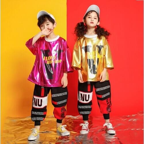 Hip Hop Costume Girls Boys Ballroom Dancing Loose PU Pant T Shirt Kids Jazz Dance Costumes Child Competition Show Clothes Wear