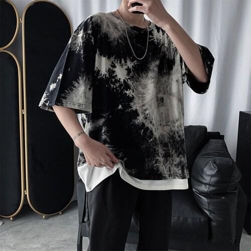 Summer New Youth Pop Stitching Fake Two Five-point Sleeve T-shirt Fashion Casual Wild Loose Pullover Black / Blue / Green
