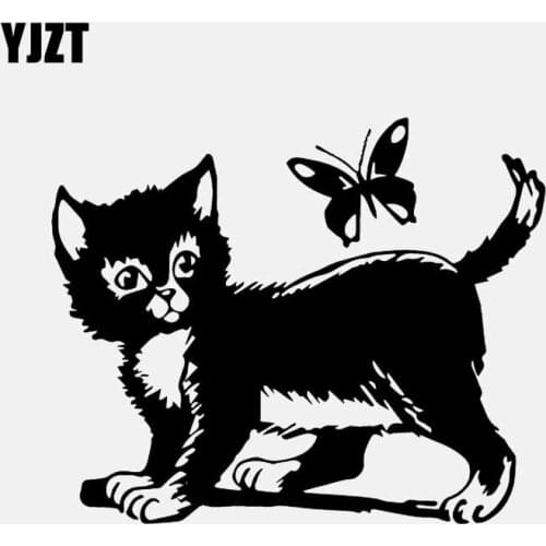 YJZT 14.8CM*12.1CM A Lovely Cat And Butterfly Are Playing Car Sticker Vinyl Decal Black/Silver C24-0270