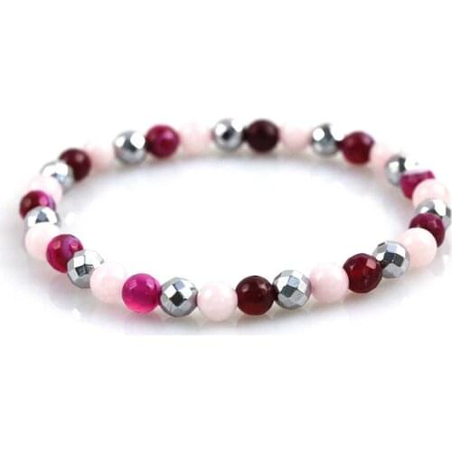 Natural Rose Pink Quartz Crystal Purple Agates Hematite Stone Round Beads Bracelets Jewelry For Women Girls Party Wedding