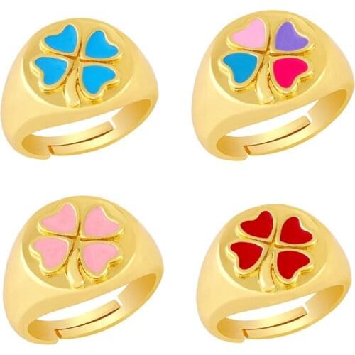 2021 New Lucky Four Leaf Knuckles Ring Colorful Neon Enamel Ring Trendty Adjustable Gold Color Jewelry For Women Best Gift