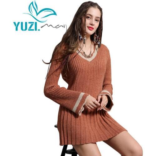 Dress Women 2018 Yuzi.may Vintage New Cotton Wool Vestidos V-Neck Flare Sleeve A-line Yellow Boho Dresses A82121 Vestido