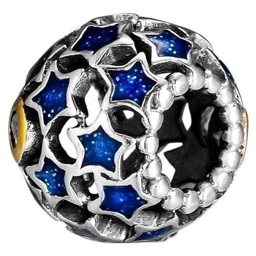 Fits For Pandora Charms Bracelets Night Sky Openwork Beads 100% 925 Sterling Silver Jewelry with Blue Enamel Free Shipping