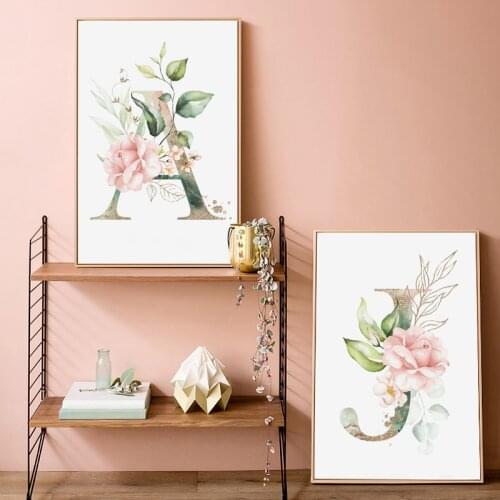 Pink Flower Quote Words Canvas Painting 26 English Letters Wall Art Posters and Prints Nordic Baby Kids Bedroom Decoration