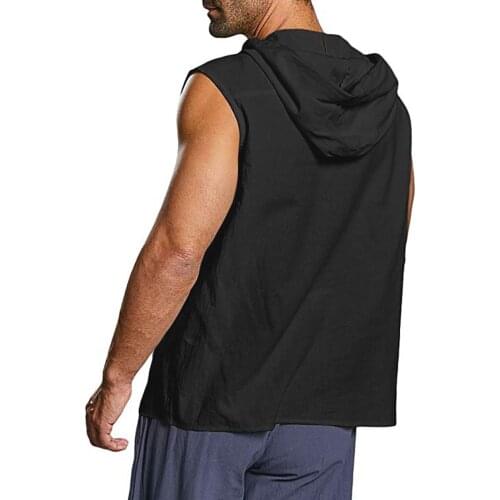 New Men Vintage Cotton Linen Shirts Solid Button Beach Sleeveless Hooded Shirt Tank Tops Slim Fit Dress Shirt Chemise Homme